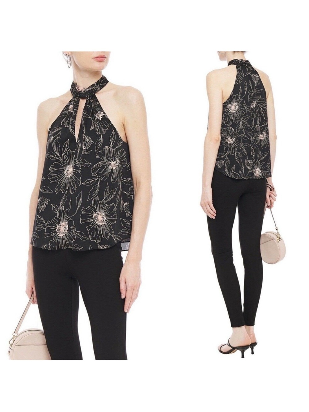 NWT Joie Cedra B Satin High Neck Halter Top Caviar Black Pink Floral Print Sz S